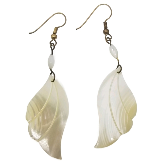 Vintage Jewelry - VINTAGE ART DECO REVIVAL CARVED MOTHER OF PEARL WING DROP HOOK EARRINGS
